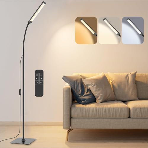 BTTO Lampe sur Pied, Lampadaire LED avec Télécommande, 10W Liseuse LED 3 Températures de Couleur et Luminosité Dimmable, Lampadaire Flexible Réglable en hauteur pour Chambre, Bureau, Salon