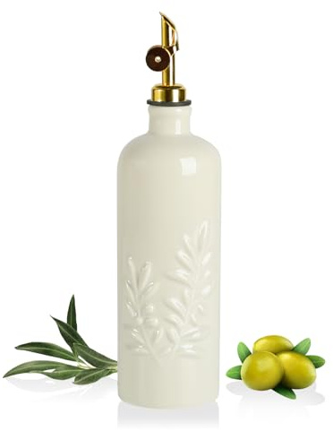 Sweejar Home Bouteille doseuse en céramique pour huile de 530 ml avec bec à gravité, pour cuisine, conteneur opaque en relief pour huile d’olive, vinaigre, sauce soja, lot de 1 (beige, bec doré)
