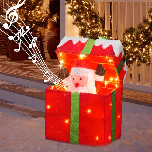 DELICHTER Selbstöffnende Geschenkbox mit Weihnachtsmann Beleuchtete Weihnachtsdeko Outdoor mit Musik & 4 Modi & Bewegungssensor Multifunktionale Weihnachtsbeleuchtung mit 48 LEDs, 28×18×30 cm