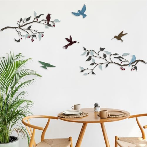 Pduoduo Arte de Pared de Pájaros de Metal, Diseño de Pájaros Vivos en Rama, Decoración Multicolor, 4 Piezas, Para Decorar el Hogar, la Oficina, el Salón