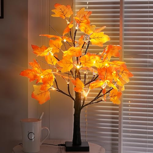 GOEDCH Luces de árbol de Hojas de Eucalipto: 24 Luces LED para Decoración Otoñal, Lámpara de Mesa con Hojas de árbol, Lámpara Interior para Acción de Gracias