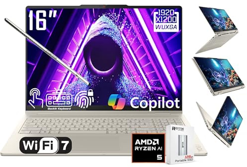 Lenovo Yoga 7 2-in-1 AI PC Copilot Laptop, 16 2K LCD Touchscreen, AMD Ryzen AI 5 340, AMD Radeon 840M, 16GB LPDDR5X, 1TB SSD, WiFi 7, Backlit KB, Fingerprint, 1080P Webcam, W/128 PSD, Win 11 Home