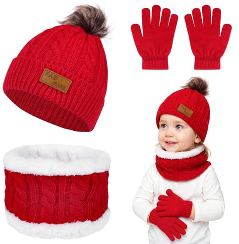 Winmany 3PCS Enfants Chapeaux D’hiver Gants Écharpe Ensemble Enfant Polaire Cou Cache-Bonnet Avec Pom Tricot Mitaines Ensemble pour Fille Garçon (Rouge)