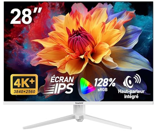 Gawfolk Écran PC UHD 4K 28 Pouces, Moniteur IPS Ultra HD (3840 × 2560 p), 3:2, 1,07 Milliard Couleurs, 128% sRGB, Haut-parleurs intégrés, Angle de Vision Large 178°, DisplayPort, HDMI, Blanc