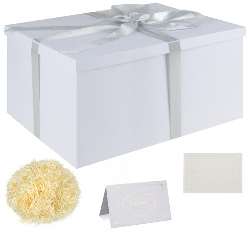 Geschenkbox Set, Weiß Geschenkboxen mit Deckel 38 x 28 x 19 cm Groß Geschenkbox mit Schleife Geschreddertes Seidenpapier Grußkarten für Weihnachten Geburtstag Hochzeitstag