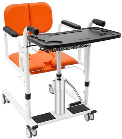 Elevador hidráulico para pacientes y silla de aseo con función de inodoro, ayuda de transferencia de altura ajustable (30-46 cm) para personas mayores, capacidad de carga de 150 kg, 4 ruedas con