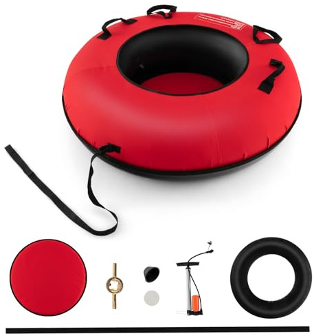 KOMFOTTEU Trineo de Nieve Inflable de 100 cm, Tubo de Nieve con Correa de Arrastre y Bomba de Neumáticos, Tubo de Esquí Hinchable con Cojín, Carga de 200 kg, para Adultos y Niños (Rojo)