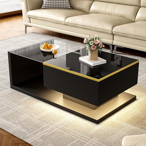 OKMYHOME Table Basse LED avec Plateau en Verre, Noire | Forme rectangulaire, verre trempé, design moderne, pour salon