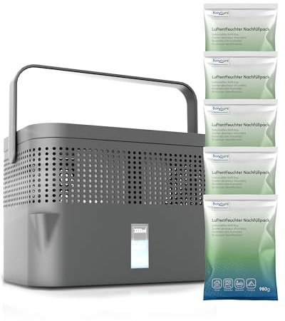 BonAura® AirOne Max Deumidificatore senza alimentazione elettrica fino a 33m² | Ventilazione a 360° | Deumidificatore con beccuccio e 5 x 980g di granulato per deumidificatore | Protezione da muffa e