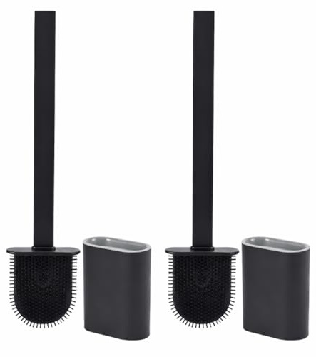 eMKay® PACK OF 2 SILICONE TOILET BRUSH & HOLDER | FLEXIBLE SILICONE TOILET CLEANER | QUICK DRY HYGIENIC TOILET BRUSHES | WALL MOUNTED OR FLOOR STANDING | MODERN BATHROOM ACCESSORY (2, BLACK)