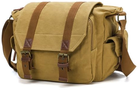 DremFreo Vintage canvas fotoväska för spegelfri SLR och bärbar dator 13 tum Messenger med utdragbar vadderad väska 34 x 13 x 27 cm #507, Khaki, 34 X 13 X 27 Centimetri