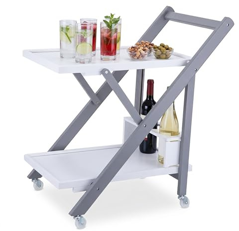 Relaxdays Servierwagen Bambus, Küchenwagen klappbar, Flaschenhalter, Rollwagen 2 Etagen, HBT: 70x44x39,5 cm, weiß-grau