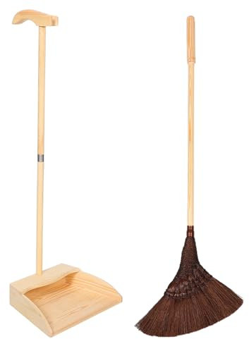 DOITOOL Wooden Dustpan Standing Broomstick Efficient Scratchfree Cleaning Natural Palm Fibers Handmade Japanese-style Vintage Aesthetic for Modern Interiors Kitchen Use