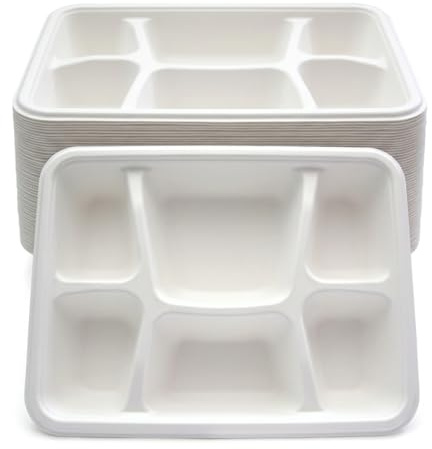 DBStores 50 Pack 6 Compartment Disposable Plates, Heavy Duty Bagasse Sugarcane Compartment Plates, Eco Friendly Microwave Safe School Lunch Trays, 29cm x 21cm