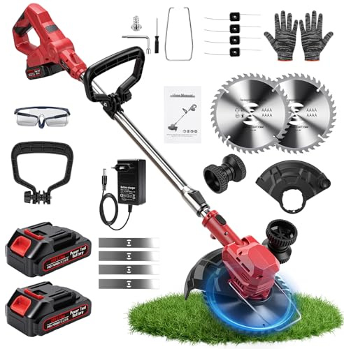 Uadme Desbrozadora Bateria Electrica Inalámbrica 21V, Cortabordes con 2 Baterías 1,5Ah, 3 Tipos de Cuchillas, Tubo Telescópico, Cabezal Giratorio de 90° para Perfilado de Bordes, Jardines
