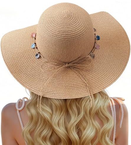 BelleVive Strand-Strohhüte für Damen, breitkrempige Sonnenhüte mit UV-Schutz, faltbare Sommerhüte zum Aufrollen, zusammenrollbare Kappe mit Muschelverzierung und Windband