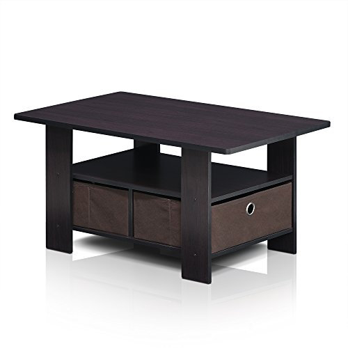 Furinno ANDREY Coffee Table, Small Modern Coffee Table with Storage and Bin Drawer, Side Table for Living Room, Bedroom, Home Office, Dark Walnut