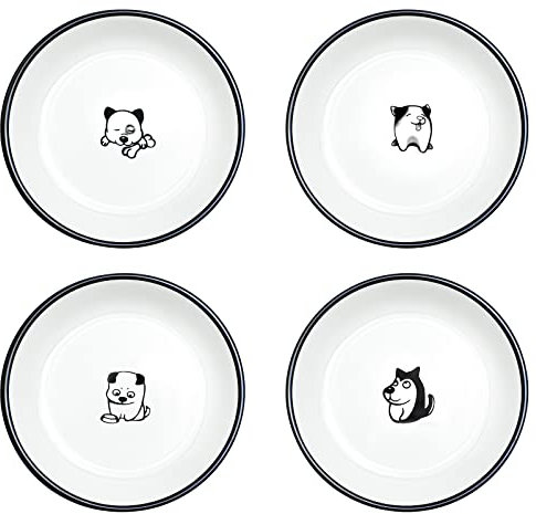 WAIT FLY 5 Inches Funny Dog and Cat Pattern with Brush Strokes Ceramics Seasoning Dishes/Tea Bag Holders/Ketchup Saucer/Appetizer Plates/ Seasoning Dipping Bowls, Set of 4