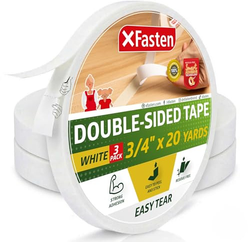 XFasten Tear-by-Hand Double Sided Tape, 3/4-Inch by 20-Yards (3-Pack), Easy Tear for DIY Crafts, Woodworking and Carpet Installation