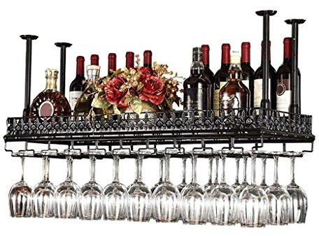 CCFENG Upside down wine rack, ceiling decoration rack, suitable for bar, restaurant, kitchen,Simple style iron hanging wine glass rack (Color : Black, Size : 80 * 35cm)