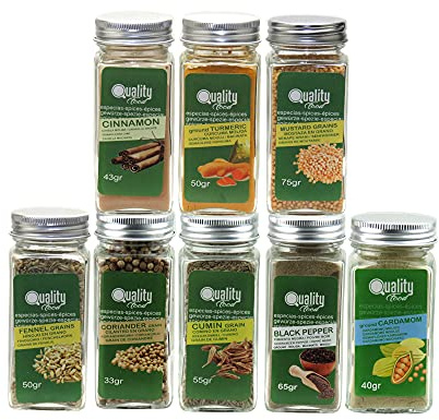 Pack de especias Indias. Ideal para regalo y uso diario. 8 Tarros de cristal, reutilizables. Comino, Cúrcuma, Cardamomo, Cilantro en Grano, Canela, Pimienta, Mostaza e Hinojo.