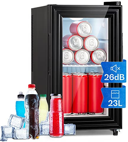 KLARSTEIN Mini Nevera Pequeña con Puerta de Cristal para Habitaciones, Frigorifico Portatil Electrico, 23 L, con Estantes para Bebidas