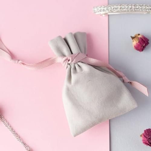 LYFANG Grauer Flanell-Geschenkbeutel, rosa Schleife, 8 x 10 cm, 9 x 12 cm, 10 x 15 cm, 13 x 17 cm, mit Logo, Schmuckbeutel, Kosmetiktasche, Mikrofasertasche