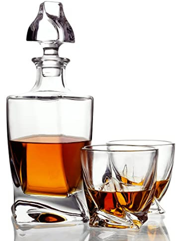 Belle Vous 800 ml Set Decantador Whisky y Vasos Garrafa de Whisky/Licor con Tapón de Vidrio - Decantador y Copas para Vino, Brandy, Borbón y Otros Licores
