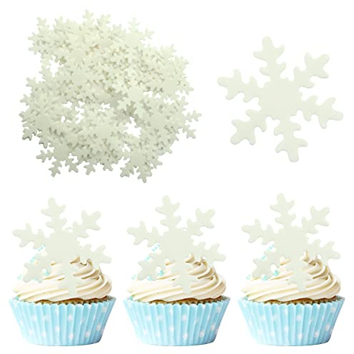 50Pcs White Edible Snowflake Cupcake Toppers Snowflakes Cake Topper Decorations for Christmas Winter Holiday Frozen Theme Babyshower Birthday Wedding Party Supplies