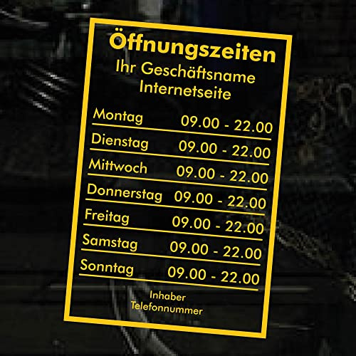 Öffnungszeiten Aufkleber - gelb - mit Rahmen - Schaufensterbeschriftung für Werbung Laden Geschäft - Bistro Scheibe