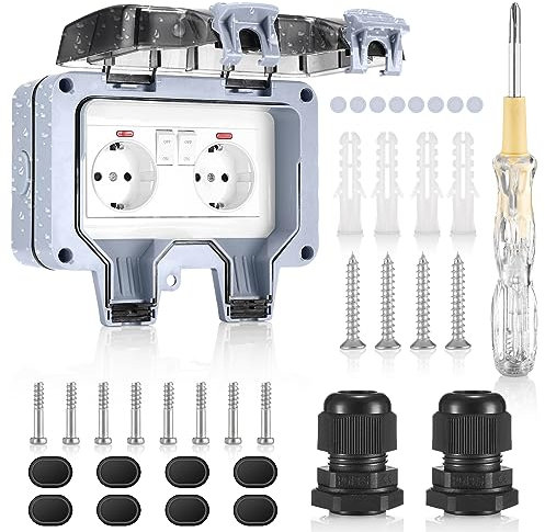 Mkitnvy Außensteckdose IP66 Wetterfest,Gartensteckdose Aufputz Schutzkontakt,Outdoor Steckdose 2fach mit Klappdeckel,Staubdicht Steckdose,für Feuchtraum Garten den Aussenbereich,Garage