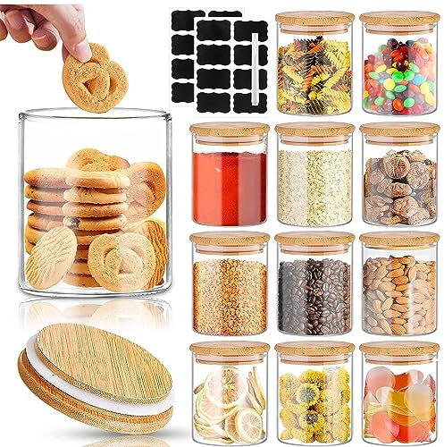 Gewürzdosen Glas, 12er Set 250ml Gewürzgläser Aus Glas mit Bambusdeckel, Gewürz Behälter, Gewürzglas mit Deckel Klein, Stapelbare Gewürzdosen Küche für Gewürze