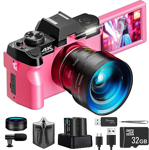 Fotocamera digitale 4K con schermo pieghevole, grandangolo/obiettivo macro, fotocamera compatta 48MP HD per fotografia e registrazione video, fotocamera Vlogging