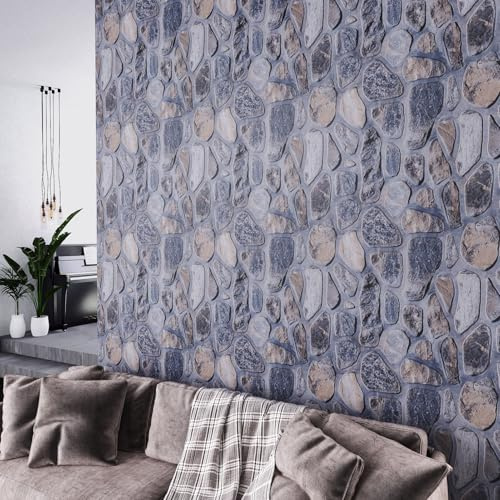 HotDecor Grey Blue Brick Wallpaper 3D Effect Self Adhesive Living Room Wallpaper Kitchen Counter Vinyl Wrap for Furniture Peel and Stick Vintage Stone Wall Paper for Bedroom Retro 60cm X 300cm