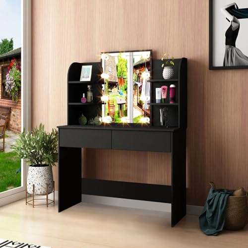 Senvoziii Dressing Table with LED Lights Mirror, Black Vanity Table with 2 Drawers 6 Shelves, Modern Makeup Cosmetic Dresser Table for Girls Women, Bedroom Furniture 96x42x142cm