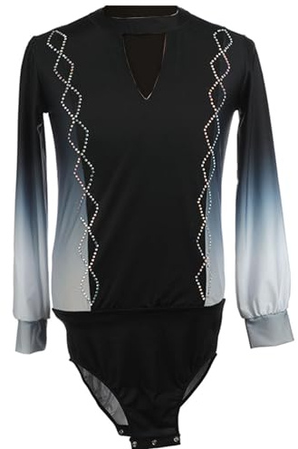 CuLtp VêTements Patinage Artistique pour GarçOns Et Hommes, Col V Body Manches Longues Chemise Bal Tango Samba Rumba Gym Combinaison Patinage Costume