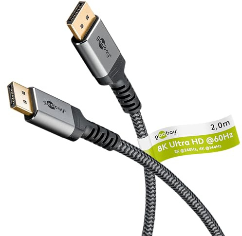 goobay 65265 Displayport-kabel 1,4/upplösning upp till 8K@60Hz (UHD)/32,4 Gbit/s för att minska överföringsfel/spel och videoströmning/guldpläterade kontakter förhindrar korrosion/grå/2 m