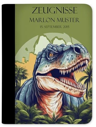 CreaDesign Zeugnismappe A4 mit Namen personalisiert – T-Rex Zeichnung – für Jungen – Dokumentenmappe Schule ohne Klarsichthüllen