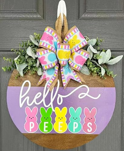 LIN&BABAY Easter Door Decorations Bunny Decor, Easter Bunny Welcome Wreath Sign for Front Door, Wooden Door Hangers Wreath with Bow for Easter Decorations for the Home Party Supplies (Hello Peeps)