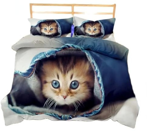 Niedliche Katze Blau Bettwäsche 155x220, Weiche Flauschige Katzenmotiv Bettbezüge Mit Kissenbezug 80x80cm Mit Reißverschluss (A2,220x240cm + 80x80 cm)