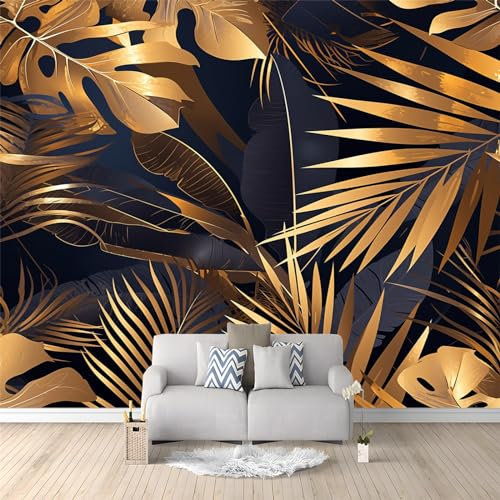 Murale Photo Papier Peint 150 x 105 cm Décoration Intissé Tableaux Poster Muraux Tapisserie Feuilles de palmier en or noir panoramique Chambre Paysage Déco Salon maison décorative
