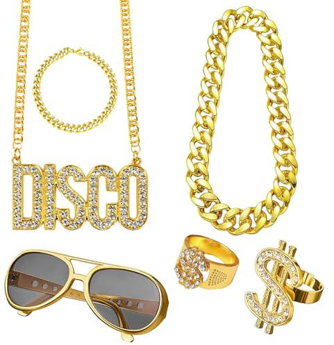 IOPJLK Dollar Kette Set, 8 Stück Goldkette Kostüm, Zuhälter Kostüm Hip Hop Rapper Punk Gold Kette Goldring Fasching & Karneval für 70er,80er,90er Jahre Accessoires