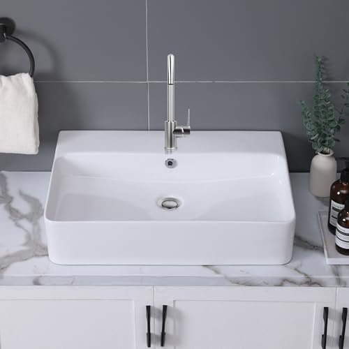 610mm x 420mm Waschbecken mit | Aufsatzwaschbecken für das Badezimmer und Gäste-WC | Waschschale ohne Hahnloch und ohne Überlauf | Rein-weißes Aufsatzbecken