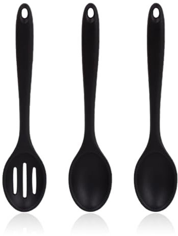 UEIOAVL Cucchiai da cucina, Cucchiaio da cucina in silicone da 3 pezzi Cucchiaio da cucina in silicone Cucchiaio per mescolare Cucchiaio da cucina Cucchiaio antiaderente (manico lungo 20 cm, nero)