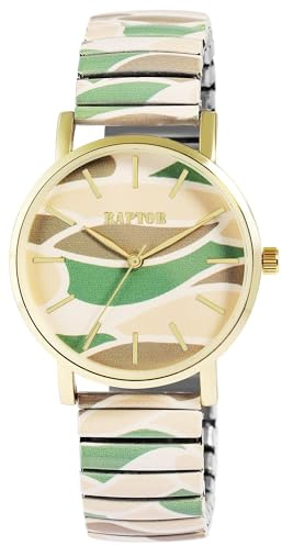 Raptor Ausgefallene Damenuhr Bunt Grün Regenbogen | Armbanduhr Damen außergewöhnlich mit Zugarmband | Besondere Damenarmbanduhr – Modische Uhr Frauen Senioren