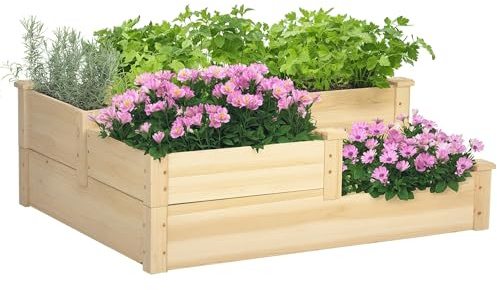 Outsunny Carré Potager en Bois, Jardinière, 108 x 88 x 36 cm, Bois Naturel | Jardinière Extérieure en Escalier, 3 Niveaux, Zones Séparées, Design sans Fond