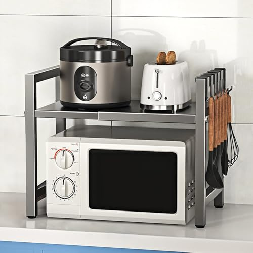 BELIFEGLORY Estante expandible para microondas con 6 ganchos, estante de microondas para encimera, organizador de almacenamiento de cocina (gris/2 niveles)