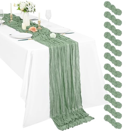 Pesonlook 12er Set Gaze-Tischläufer für Hochzeiten, 55 x 300 cm, Salbeigrün | Weiche Polyester-Gaze in Käsetuch-Optik mit lockerem Faltenwurf für Boho-Tischdeko, Geburtstage, Partys und Hochzeitsbögen