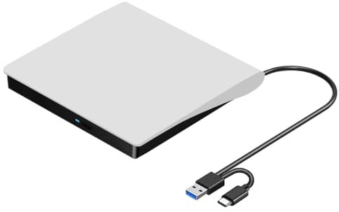 Restikiant Extern CD DVD +/-RW-enhet, USB 3.0 och USB-C Bärbar CD- och DVD ROM-brännare Spelare Läsare Skrivare Rewriter, Skivenhet, Vit