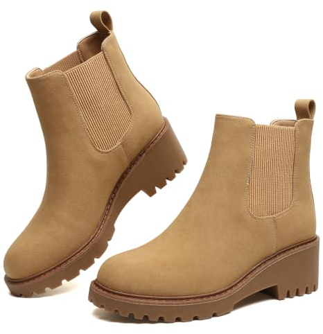Maxome Women's Wedge Ankle Booties Casual Slip on Chunky Lug Sole Chelsea Boots Khaki